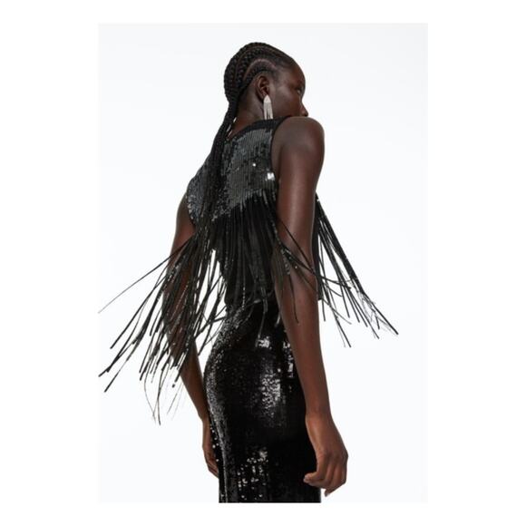 H&M Green Black Cascading Sequin Tassel Fringe Top Womens S Party Glam‎ Cropped - Picture 7 of 12